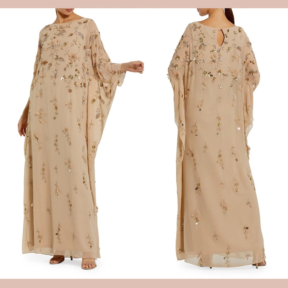 NEW Mac‎ Duggal [ 10 ] 9242 Floral Embellished Trapeze Dress Nude Gold #J1840